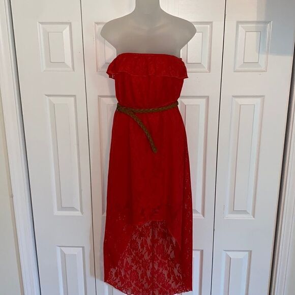 Trixxi Belted Strapless Lace Short Long Lace Dress, size Medium M - Picture 3 of 9